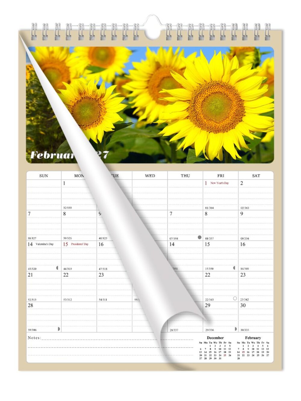 2026-2027 Wall Calendar Spiral-bound Twin-Wire -18 Months 8.5 x 11 Sunflowers